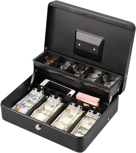 LIANTRAL Cash Box, Large Size Money Box with Lock and 5 Compartment Tray, 4 Spring-Loaded Clips for Bill(11.8" x 9.5" x 3.5"), Black in Kuwait