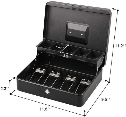 LIANTRAL Cash Box, Large Size Money Box with Lock and 5 Compartment Tray, 4 Spring-Loaded Clips for Bill(11.8" x 9.5" x 3.5"), Black in Kuwait