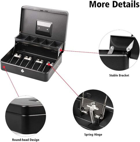 LIANTRAL Cash Box, Large Size Money Box with Lock and 5 Compartment Tray, 4 Spring-Loaded Clips for Bill(11.8" x 9.5" x 3.5"), Black in Kuwait