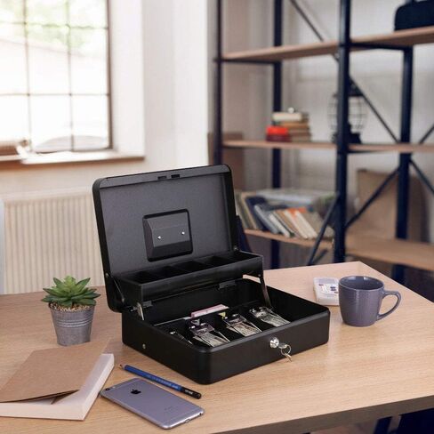LIANTRAL Cash Box, Large Size Money Box with Lock and 5 Compartment Tray, 4 Spring-Loaded Clips for Bill(11.8" x 9.5" x 3.5"), Black in Kuwait