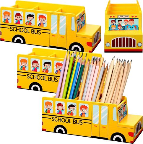 Pen Holder School Bus Wooden Pencil Holder 3 Compartments Pencils Organizer for Back to School Supplies, First Day of School Pen Holder for Kids Children Boys Girls Table Classroom Home (1 Pcs) in Kuwait