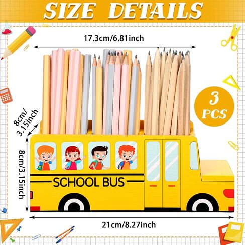 Pen Holder School Bus Wooden Pencil Holder 3 Compartments Pencils Organizer for Back to School Supplies, First Day of School Pen Holder for Kids Children Boys Girls Table Classroom Home (1 Pcs) in Kuwait