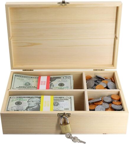 Mczxon Wooden Locking Currency Money Cash Tray with Coin Organizer, 4 Compartment Wooden Cash Money Currency Organizer Storage Change Box Case Holder Moneyboxes with Lockable Cover 300 Money Wrappers in Kuwait
