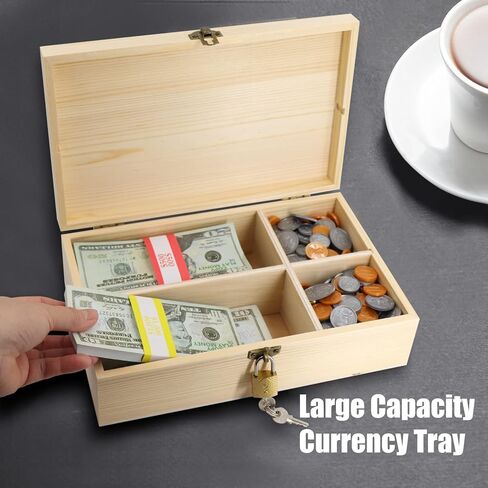 Mczxon Wooden Locking Currency Money Cash Tray with Coin Organizer, 4 Compartment Wooden Cash Money Currency Organizer Storage Change Box Case Holder Moneyboxes with Lockable Cover 300 Money Wrappers in Kuwait