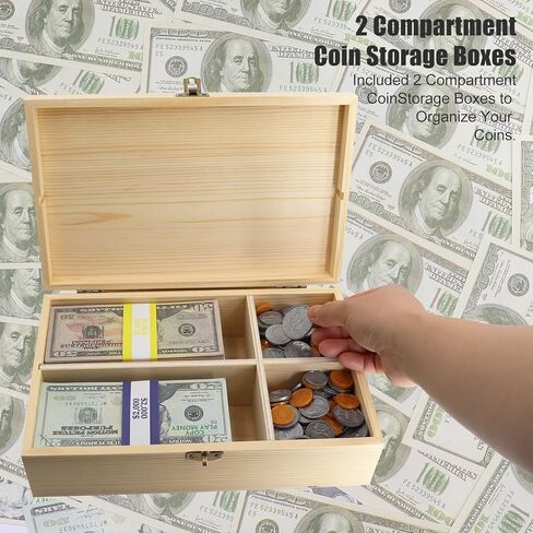 Mczxon Wooden Locking Currency Money Cash Tray with Coin Organizer, 4 Compartment Wooden Cash Money Currency Organizer Storage Change Box Case Holder Moneyboxes with Lockable Cover 300 Money Wrappers in Kuwait