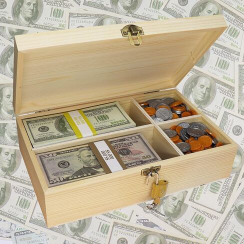 Mczxon Wooden Locking Currency Money Cash Tray with Coin Organizer, 4 Compartment Wooden Cash Money Currency Organizer Storage Change Box Case Holder Moneyboxes with Lockable Cover 300 Money Wrappers in Kuwait