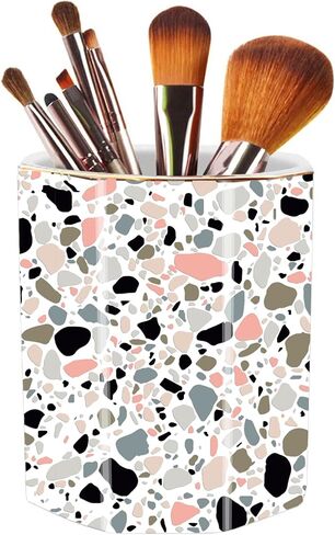 Pen Holder, Makeup Brush Holder Ceramic Shiny Gold Tropical Cactus Green Succulents Pattern Pencil Cup for Girls Kids Women Durable Stand Desk Organizer Storage Gift for Office, Classroom, Home in Saudi Arabia