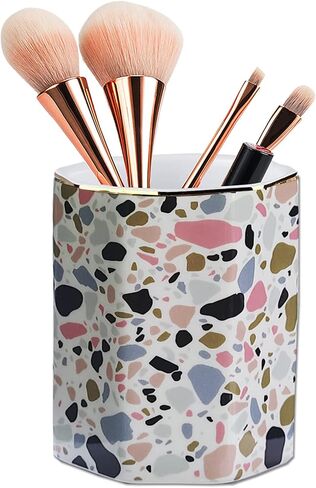 Pen Holder, Makeup Brush Holder Ceramic Shiny Gold Tropical Cactus Green Succulents Pattern Pencil Cup for Girls Kids Women Durable Stand Desk Organizer Storage Gift for Office, Classroom, Home in Saudi Arabia