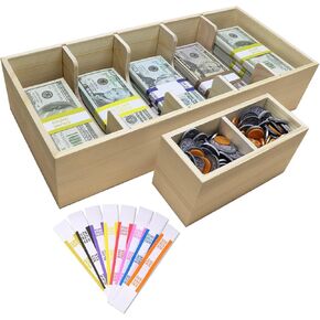 Mczxon Wooden Currency Money Cash Tray with Coin Tray 300 Money Wrappers, 5 Compartment Wooden Cash Money Currency Organizer Storage Change Box Case for Cash, Moneyboxes Currency Holder for Money in Kuwait