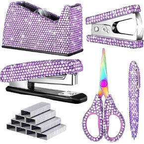 6 Pack Bling Office Stationery Set Desk Accessory Office Set Includes Pen Scissor Stapler Staple Remover 1000 Pcs Staples Tape Dispenser with Diamond Inlay for Office Home Desk (Lake Blue)