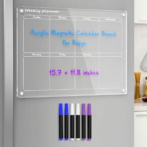 NPPLUS Acrylic Magnetic Monthly and Weekly Calendar for Fridge,2 Set Clear Dry Erase Board, Reusable Planner Whiteboard Includes 6 Markers 3 Colors