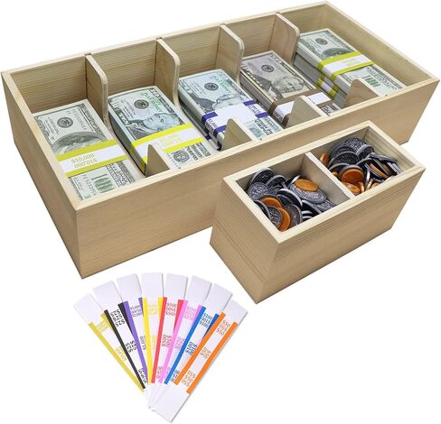 Mczxon Wooden Currency Money Cash Tray with Coin Tray 300 Money Wrappers, 5 Compartment Wooden Cash Money Currency Organizer Storage Change Box Case for Cash, Moneyboxes Currency Holder for Money in Kuwait