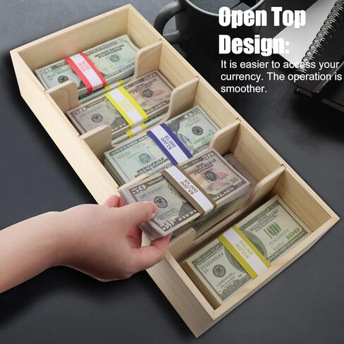 Mczxon Wooden Currency Money Cash Tray with Coin Tray 300 Money Wrappers, 5 Compartment Wooden Cash Money Currency Organizer Storage Change Box Case for Cash, Moneyboxes Currency Holder for Money in Kuwait