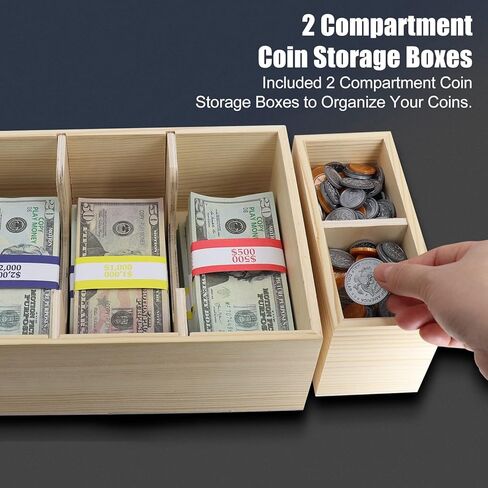 Mczxon Wooden Currency Money Cash Tray with Coin Tray 300 Money Wrappers, 5 Compartment Wooden Cash Money Currency Organizer Storage Change Box Case for Cash, Moneyboxes Currency Holder for Money in Kuwait