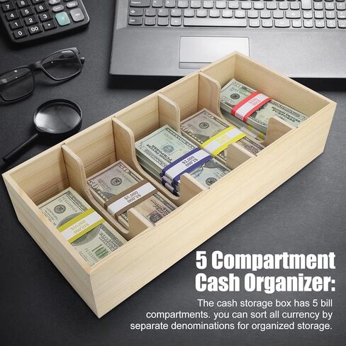 Mczxon Wooden Currency Money Cash Tray with Coin Tray 300 Money Wrappers, 5 Compartment Wooden Cash Money Currency Organizer Storage Change Box Case for Cash, Moneyboxes Currency Holder for Money in Kuwait