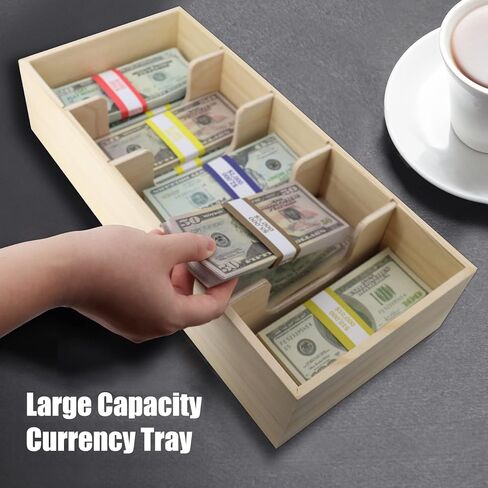 Mczxon Wooden Currency Money Cash Tray with Coin Tray 300 Money Wrappers, 5 Compartment Wooden Cash Money Currency Organizer Storage Change Box Case for Cash, Moneyboxes Currency Holder for Money in Kuwait