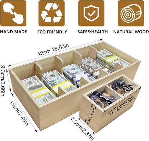 Mczxon Wooden Currency Money Cash Tray with Coin Tray 300 Money Wrappers, 5 Compartment Wooden Cash Money Currency Organizer Storage Change Box Case for Cash, Moneyboxes Currency Holder for Money in Kuwait