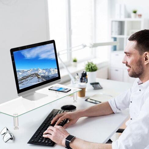WALI Tempered Glass Monitor Riser Desktop Stand Height Adjustable Table Top for Flat Screen LCD LED TV, Laptop, Notebook, Display (GTT001B), Black in Saudi Arabia