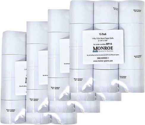 Monroe Systems for Business 15 Pound Bond Paper Rolls, Single Ply, 2 1/4" x150' for Cash Registers, Printing Calculators, Adding Machines and more! (12-Pack) in Saudi Arabia