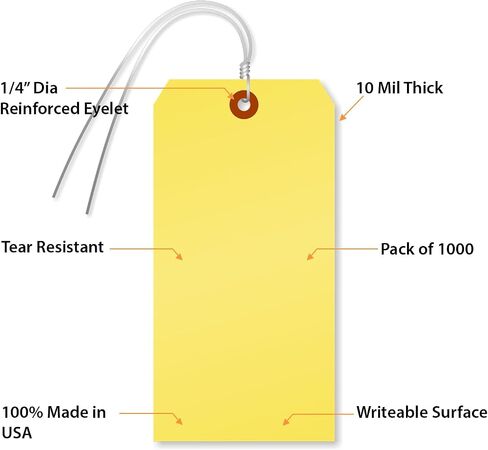 SmartSign (Pack of 1000) Yellow Plastic Tags with Wires, 6.25 x 3.125 inch, Metal Eyelet, 10 mil Tear-Proof Polylith Plastic, Writable in Kuwait