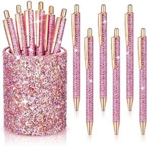 Bling Sequin Pen Holder with 6 Pcs Pink Sequin Click Pens Cute Sequin Glitter Retractable Ballpoint Pens, Pencil Cups for Desk Organizer Makeup Brush Holder for Women Girls Classroom Offices Home