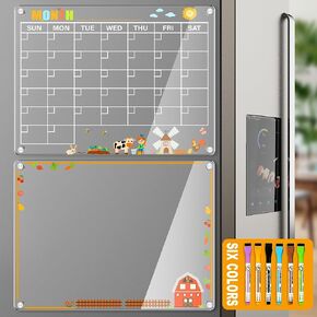 2 Pack Magnetic Acrylic Calendar for Fridge, Farm Style Print Acrylic Magnetic Dry Erase Board for Refrigerator, Monthly and Weekly Clear Magnet Reusable Planner Include 6 Markers… in Kuwait