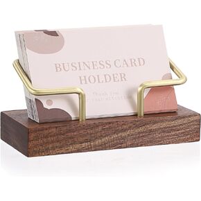 Hipiwe Wood Business Card Holder for Desk Gold Metal Business Card Display Stand Walnut Wooden Business Card Stand Organizer for Office Tabletop