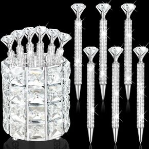 BBTO Crystal Pencil Holder Desk 6Pcs Diamond Rhinestone Pens Crystal Ballpoint Pen for Women Girls, Multi-Functional Makeup Brush Organizer Cup Home Offices Schools (Sliver, Crystal) Silver in Kuwait