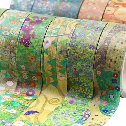 مجموعة أشرطة واشي مكونة من 12 لفة من تصميمات الزهور الفنية - شريط لاصق ملون بعرض 15 مم، لاصق زخرفي للحرف اليدوية، تغليف الهدايا، لاصق للمخططين لوحة زهور ملونة غوستاف كليمت in Kuwait