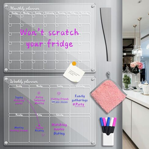 Aogwat Magnetic Acrylic Calendar for Fridge, Clear Calendar Dry Erase Magnetic Board for Refrigerator, Monthly Weekly Planning Board, Planner, with Anti-slip Silicone, Magnetic Marker Holder (16"x12") in Kuwait