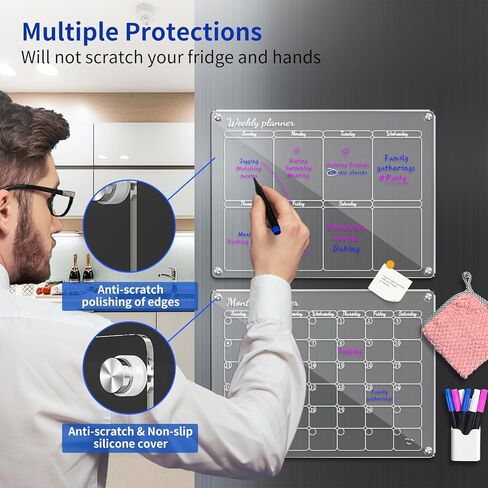 Aogwat Magnetic Acrylic Calendar for Fridge, Clear Calendar Dry Erase Magnetic Board for Refrigerator, Monthly Weekly Planning Board, Planner, with Anti-slip Silicone, Magnetic Marker Holder (16"x12") in Kuwait