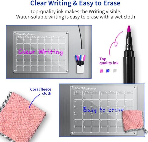 Aogwat Magnetic Acrylic Calendar for Fridge, Clear Calendar Dry Erase Magnetic Board for Refrigerator, Monthly Weekly Planning Board, Planner, with Anti-slip Silicone, Magnetic Marker Holder (16"x12") in Kuwait