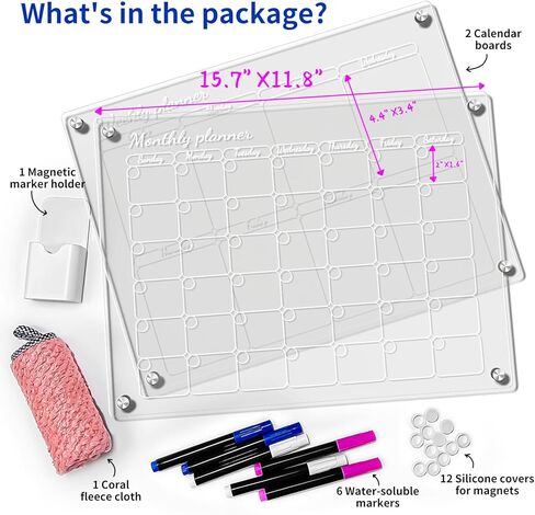 Aogwat Magnetic Acrylic Calendar for Fridge, Clear Calendar Dry Erase Magnetic Board for Refrigerator, Monthly Weekly Planning Board, Planner, with Anti-slip Silicone, Magnetic Marker Holder (16"x12") in Kuwait