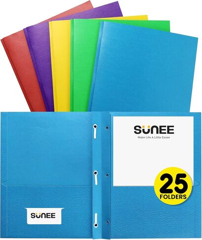 مجلدان للجيب مع شوكات من SUNEE (25 حزمة، ألوان متنوعة)، مجلدات ورقية مع جيبين و3 شوكات تناسب ورق بحجم الحروف، مجلدات مع شوكات للمدرسة والمكتب المنزلي والأعمال التجارية in Kuwait