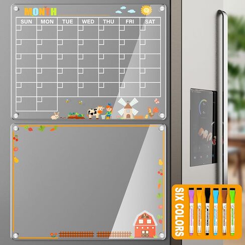 2 Pack Magnetic Acrylic Calendar for Fridge, Farm Style Print Acrylic Magnetic Dry Erase Board for Refrigerator, Monthly and Weekly Clear Magnet Reusable Planner Include 6 Markers… in Kuwait