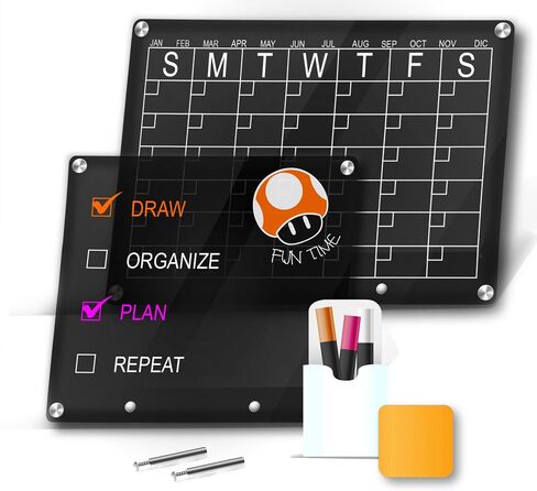Exchangeable Black Magnetic Fridge Calendar + Acrylic Dry Erase Board for Desk | 4 Removable Metal Holders Refrigerator Calendar + Acrylic Board | 3 Markers Included in Saudi Arabia