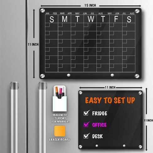 Exchangeable Black Magnetic Fridge Calendar + Acrylic Dry Erase Board for Desk | 4 Removable Metal Holders Refrigerator Calendar + Acrylic Board | 3 Markers Included in Saudi Arabia