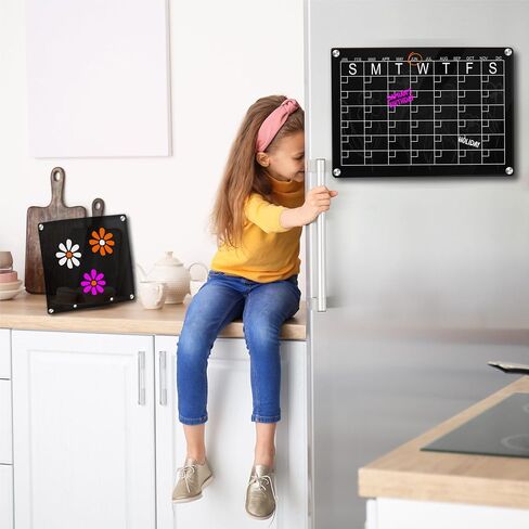 Exchangeable Black Magnetic Fridge Calendar + Acrylic Dry Erase Board for Desk | 4 Removable Metal Holders Refrigerator Calendar + Acrylic Board | 3 Markers Included in Saudi Arabia