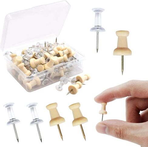 100Pcs Push Pins Thumb Tacks, LIOUCBD 50Pcs Decorative Wood Push Pins and 50Pcs Clear Plastic Head Pins for Wall Vision Board World Map Cork Board, Office Supplies Desk Accessories in Saudi Arabia