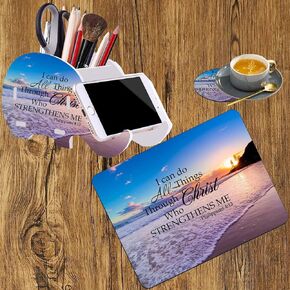 3 in 1 Desktop Accessories Set with Phone Holder Pen Holder + Non-Slip Mouse Pad + Cute Coaster, Multi-Functional Mobile Pen Holder Desktop Storage Box, Stay Positive Work Hard and Make It Happen in Saudi Arabia