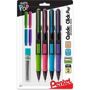 Pentel Quick Click Pop Mechanical Pencil, (0.7mm), Medium, 2 Eraser Refills, Pack of 4 (PD217ALEBP4)