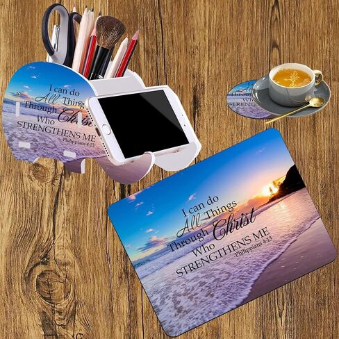 3 in 1 Desktop Accessories Set with Phone Holder Pen Holder + Non-Slip Mouse Pad + Cute Coaster, Multi-Functional Mobile Pen Holder Desktop Storage Box, Stay Positive Work Hard and Make It Happen in Kuwait