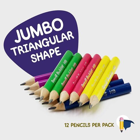 Short Jumbo Pencils for Kids, Preschoolers, Kindergarten, Toddlers, & Beginners - 12 Fat Pencils and 1 Sharpener & Eraser, Pencils #2, Triangle Grip, Big Pencils, Kids Pencils (Red) in Saudi Arabia