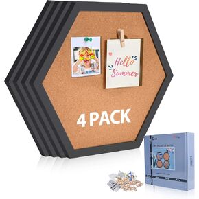 AkTop Cork Bulletin Board Hexagon 4 Pack, Small Framed Corkboard Tiles for Wall, Thick Decorative Display Boards for Home Office Decor, School Message Board with 16 Push Pin Wood Clips, Black in Saudi Arabia