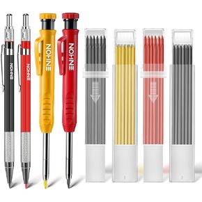 Enhon Mechanical Pencil Set with 4 Carpenter Pencils and 40 Construction Pencil Refill, Woodworking Tools for Carpenters, Long Head Deep Hole Marker with Built in Sharpener(Black, Red, Yellow)