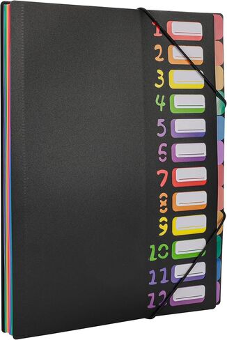 Rainbow Tab Expanding File Folder - 24 Pockets, Durable A4 Letter Size Organizer, Water-Resistant Plastic Dividers, Home/Office/School Document Holder (Black) in Kuwait
