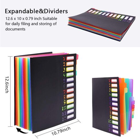 Rainbow Tab Expanding File Folder - 24 Pockets, Durable A4 Letter Size Organizer, Water-Resistant Plastic Dividers, Home/Office/School Document Holder (Black) in Kuwait