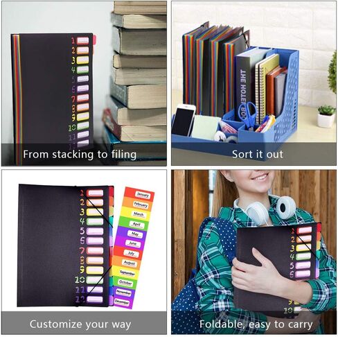 Rainbow Tab Expanding File Folder - 24 Pockets, Durable A4 Letter Size Organizer, Water-Resistant Plastic Dividers, Home/Office/School Document Holder (Black) in Kuwait
