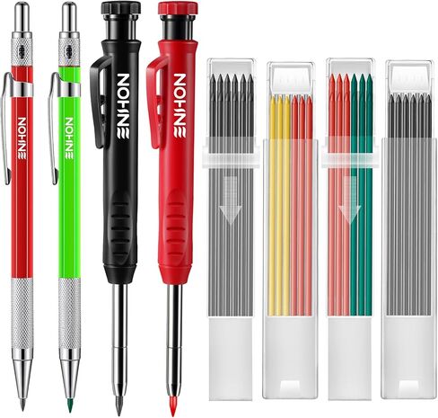 Enhon Mechanical Pencil Set with 4 Carpenter Pencils and 40 Construction Pencil Refill, Woodworking Tools for Carpenters, Long Head Deep Hole Marker with Built in Sharpener(Black, Red, Yellow) in Kuwait