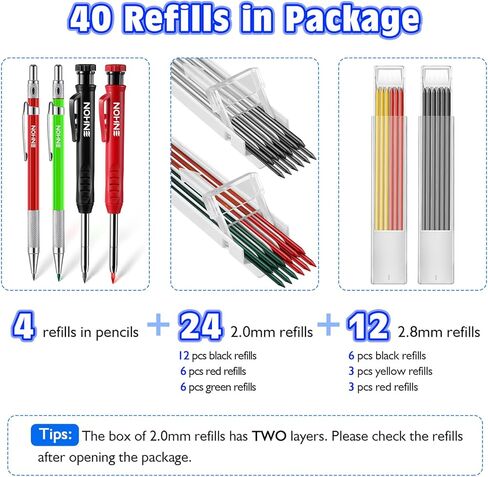 Enhon Mechanical Pencil Set with 4 Carpenter Pencils and 40 Construction Pencil Refill, Woodworking Tools for Carpenters, Long Head Deep Hole Marker with Built in Sharpener(Black, Red, Yellow) in Kuwait